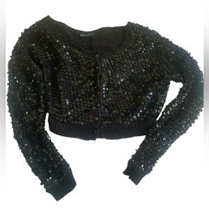 Betsey Johnson VTG Y2K Black Sequins Knit Cropped Cardigan Sweater Size S